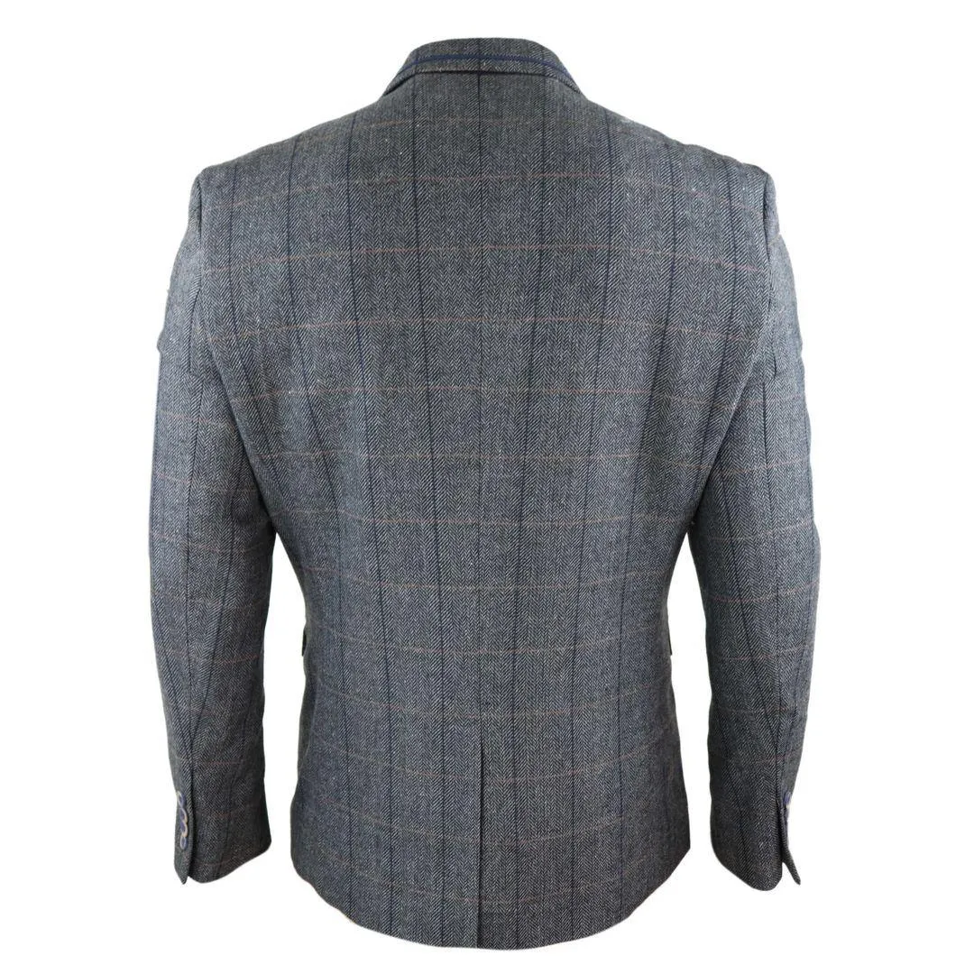 Mens Tweed Herringbone Check Grey Navy Brown Vintage Fit Blinders Blazer