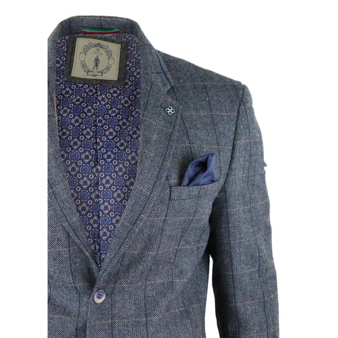 Mens Tweed Herringbone Check Grey Navy Brown Vintage Fit Blinders Blazer