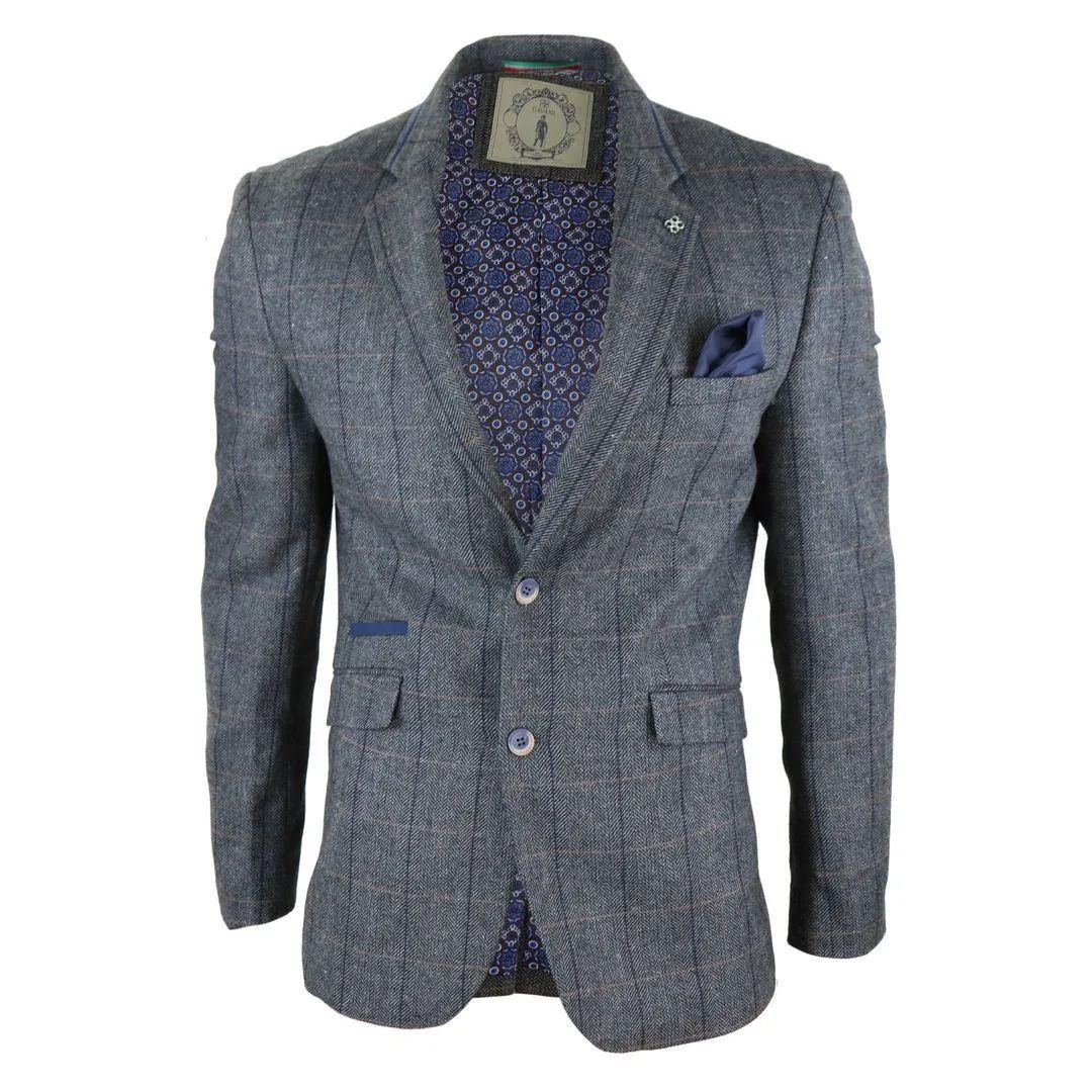 Mens Tweed Herringbone Check Grey Navy Brown Vintage Fit Blinders Blazer