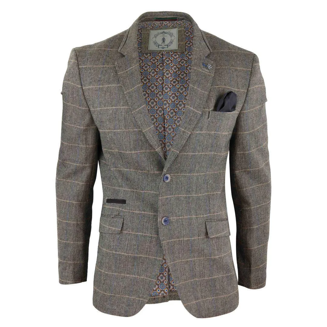 Mens Tweed Herringbone Check Grey Navy Brown Vintage Fit Blinders Blazer