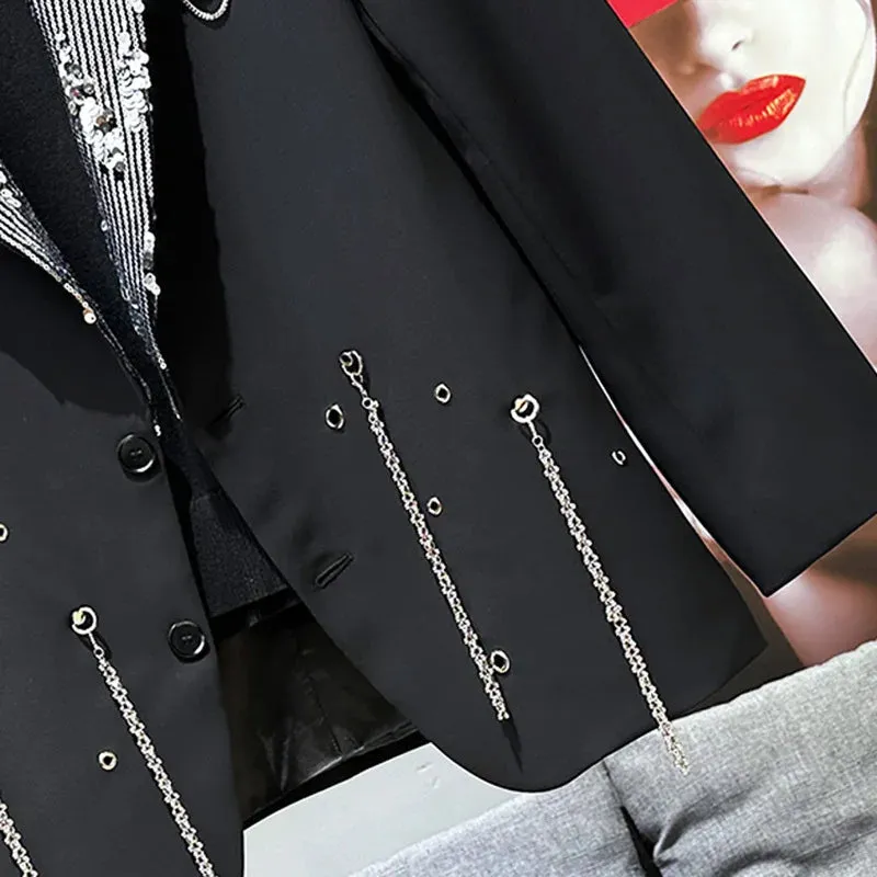 Metal Chain Decorative Sequin Splicing Blazer