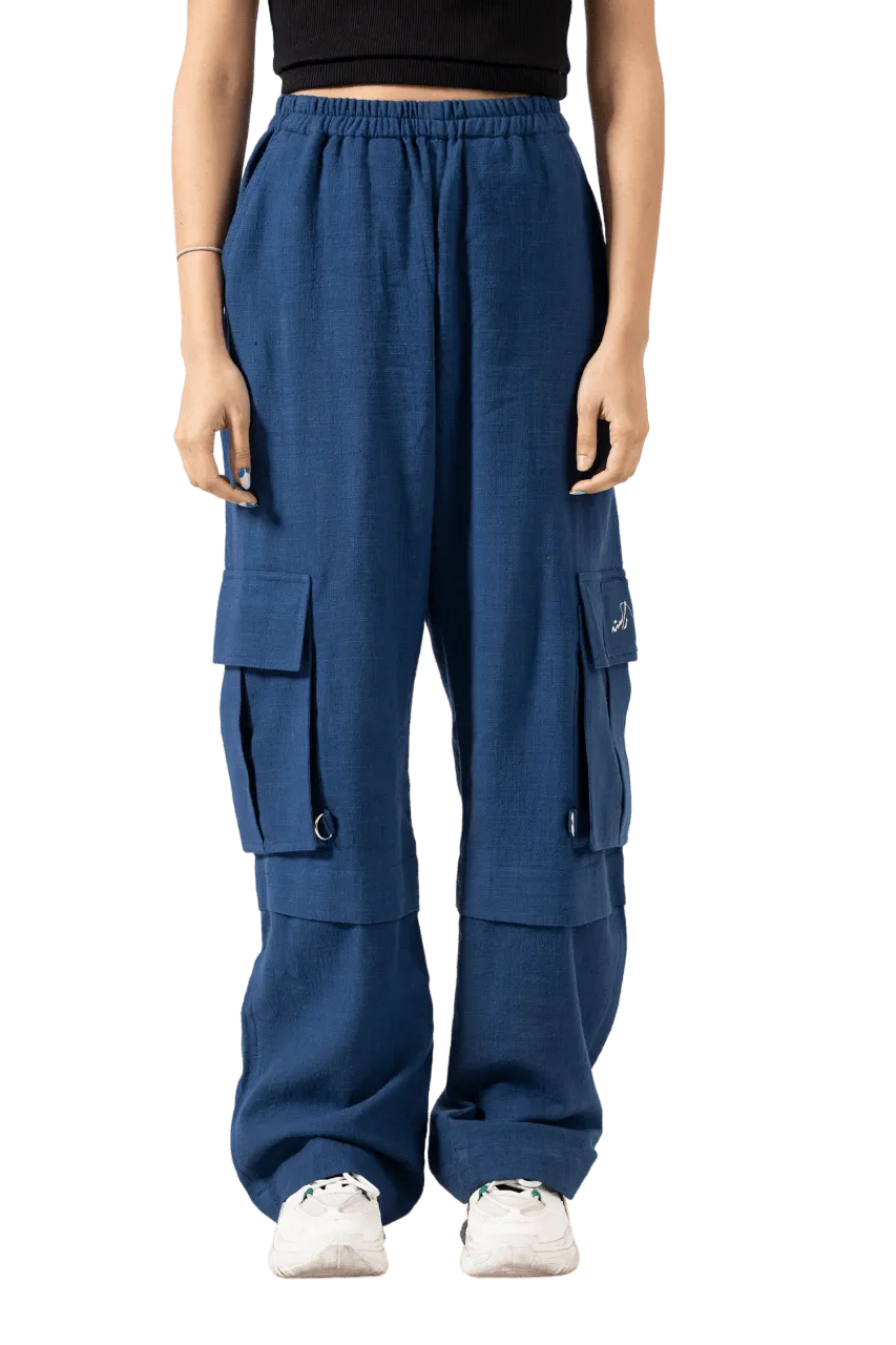 NAVY BLUE HANDWOVEN KHADDAR CARGO PANTS