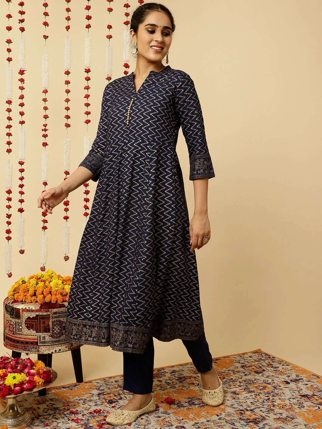 Navy Blue Zigzag Printed Anarkali Kurta With Pants And Dupatta