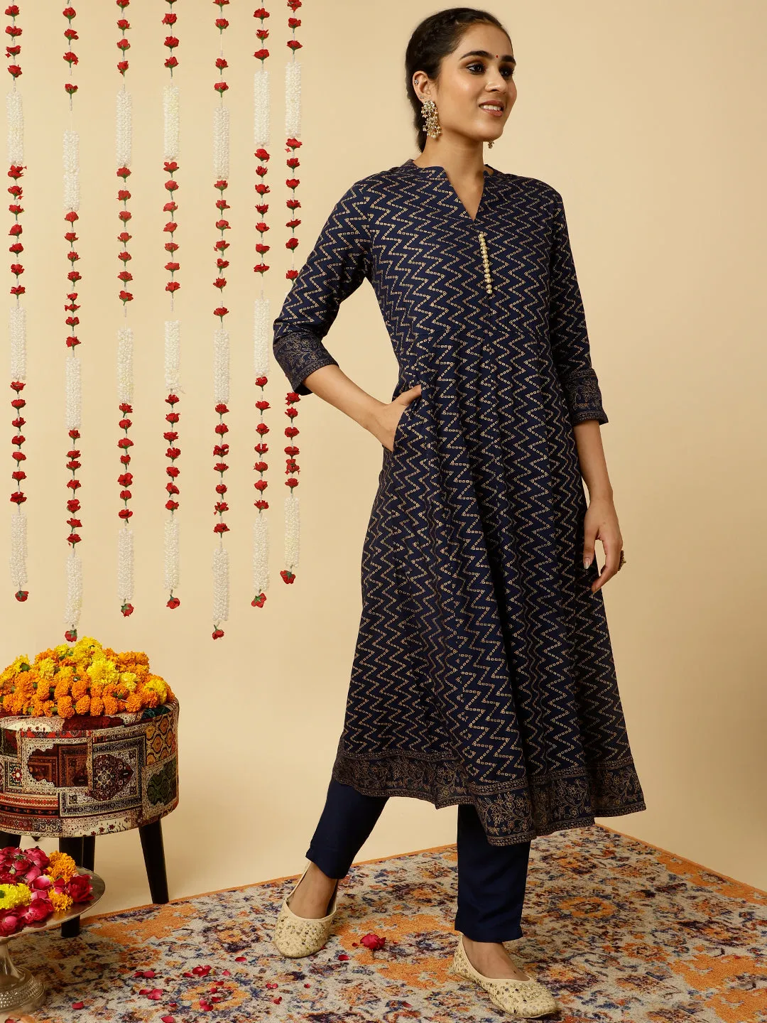 Navy Blue Zigzag Printed Anarkali Kurta With Pants And Dupatta