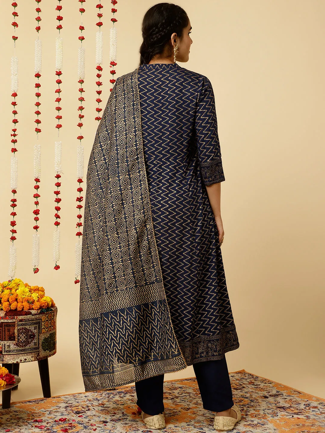 Navy Blue Zigzag Printed Anarkali Kurta With Pants And Dupatta