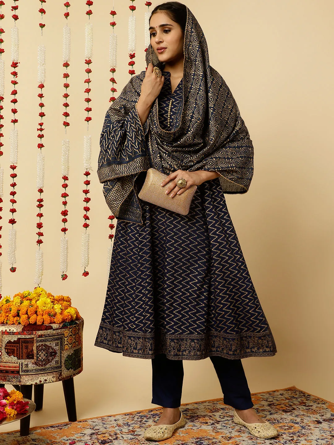 Navy Blue Zigzag Printed Anarkali Kurta With Pants And Dupatta