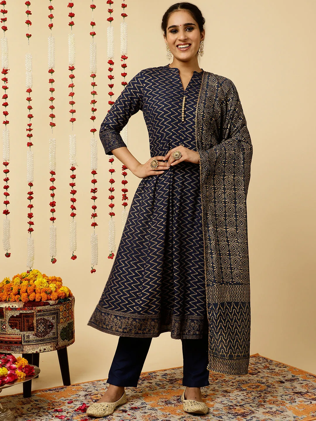 Navy Blue Zigzag Printed Anarkali Kurta With Pants And Dupatta