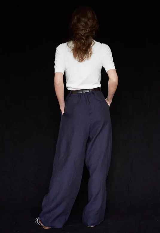 Navy Pleated Wide Irish Linen Trousers