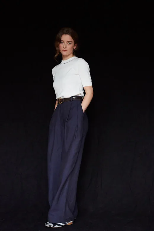 Navy Pleated Wide Irish Linen Trousers