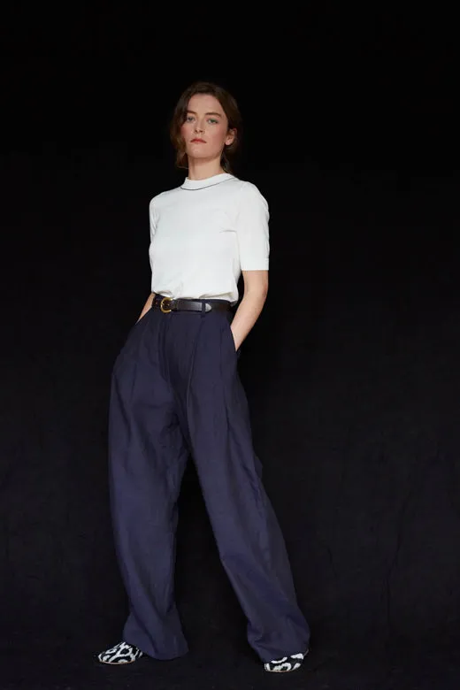 Navy Pleated Wide Irish Linen Trousers