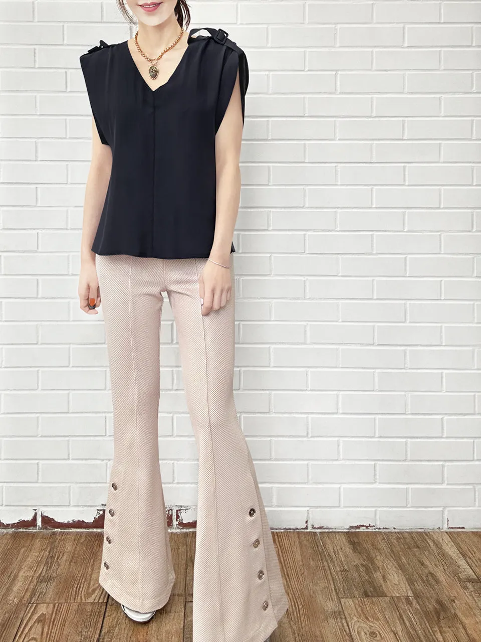 New Colour! Peach Pink Flare Leg Pull On Button Pants