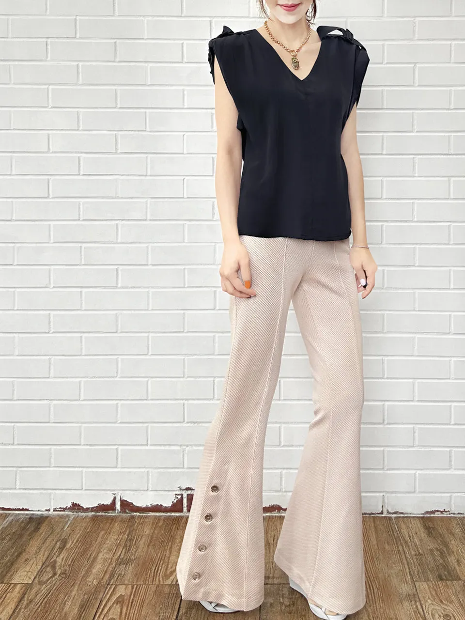 New Colour! Peach Pink Flare Leg Pull On Button Pants