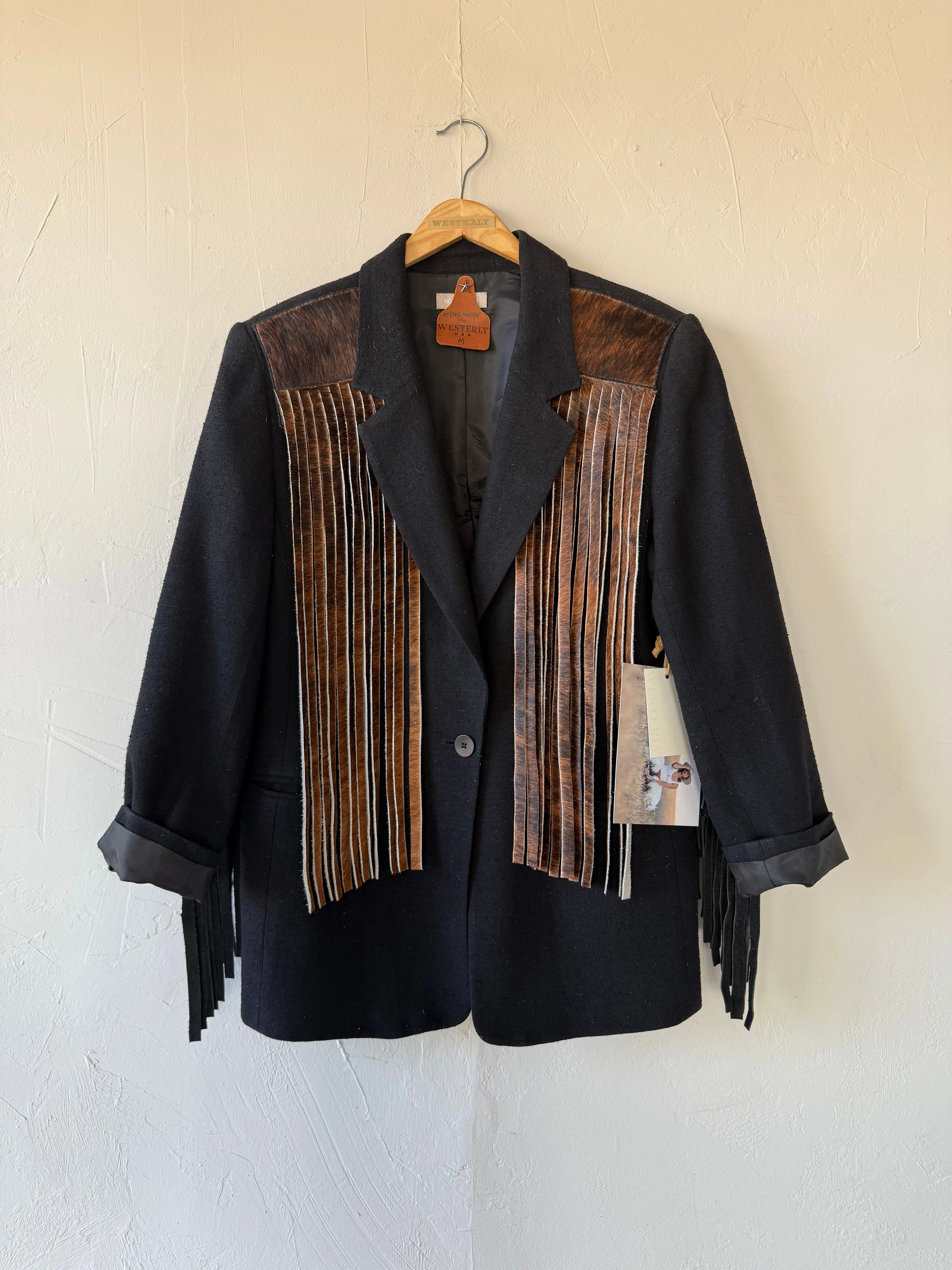 NEW!! Designer Vintage Blazer with Cowhide Fringe in Black by Westerly - Option #2, Size Large