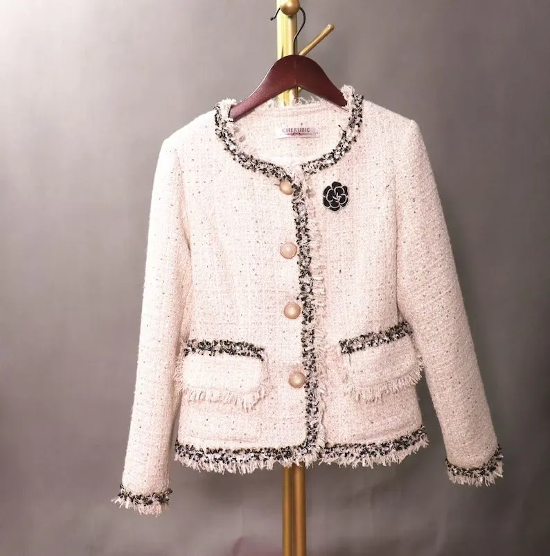 Pearl Buttons Fringe Cream Tweed Jacket Coat Blazer