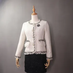 Pearl Buttons Fringe Cream Tweed Jacket Coat Blazer