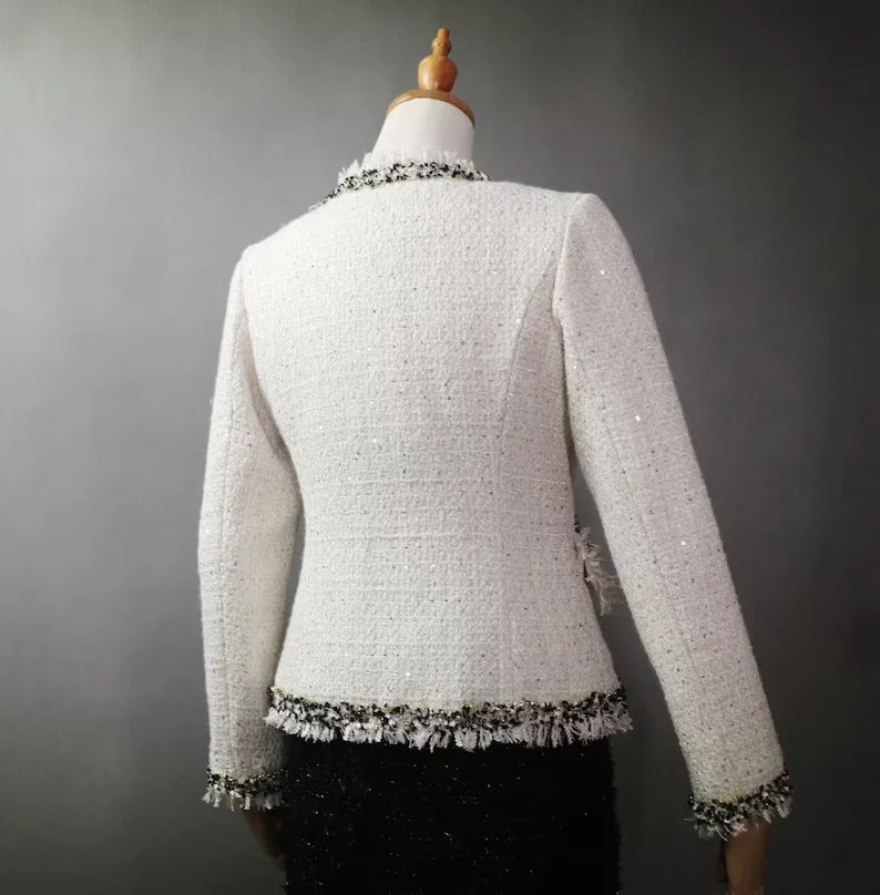 Pearl Buttons Fringe Cream Tweed Jacket Coat Blazer