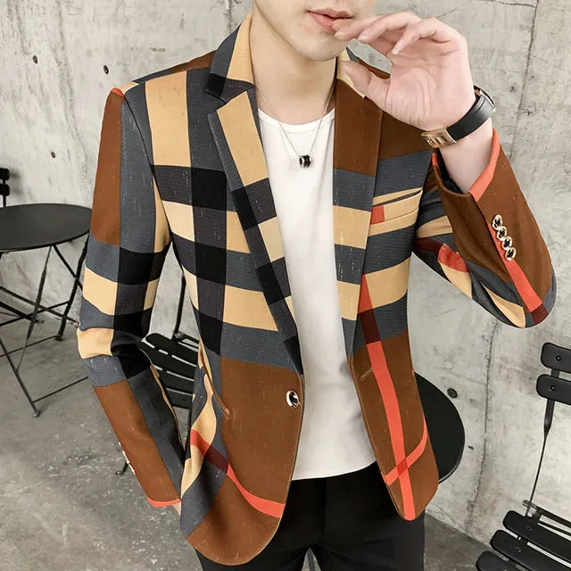 Plaid Pattern Long Sleeve Cotton Blazer