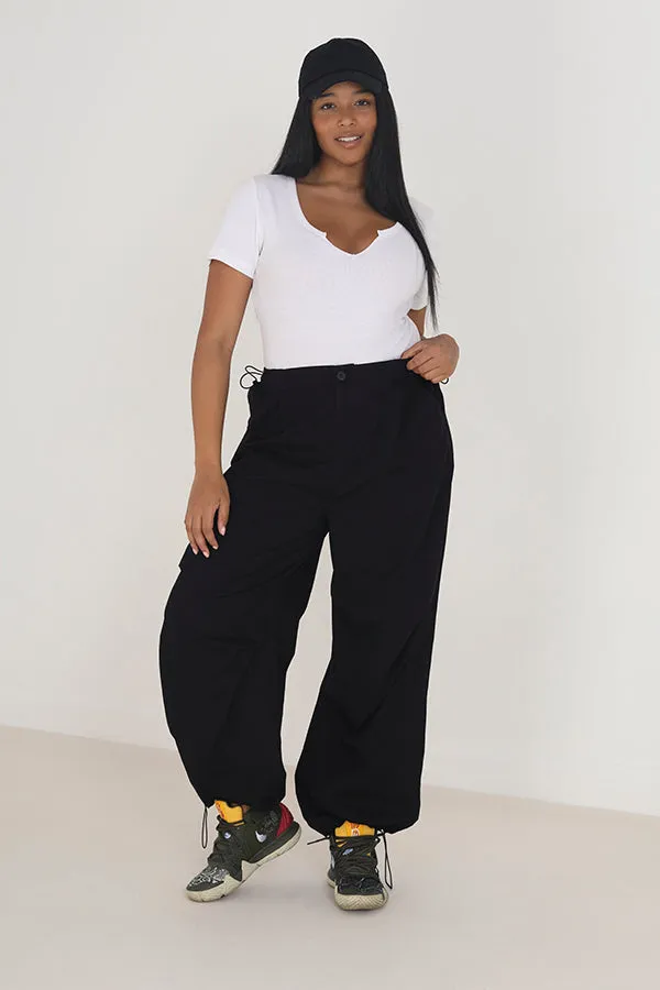 PLUS SIZE BLACK WIDE LEG UTILITY CARGO TROUSERS