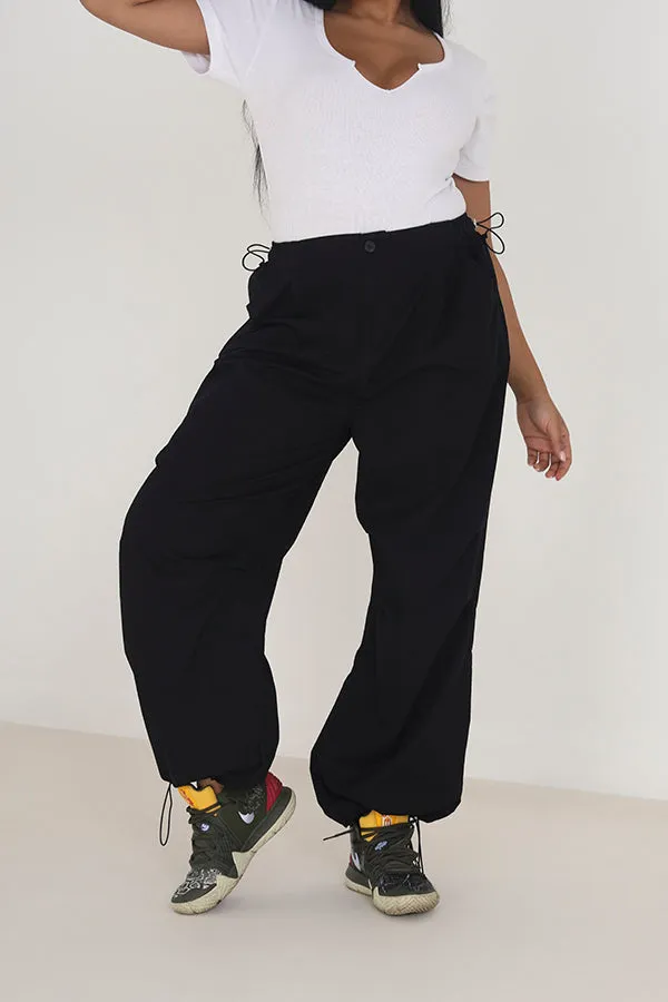 PLUS SIZE BLACK WIDE LEG UTILITY CARGO TROUSERS