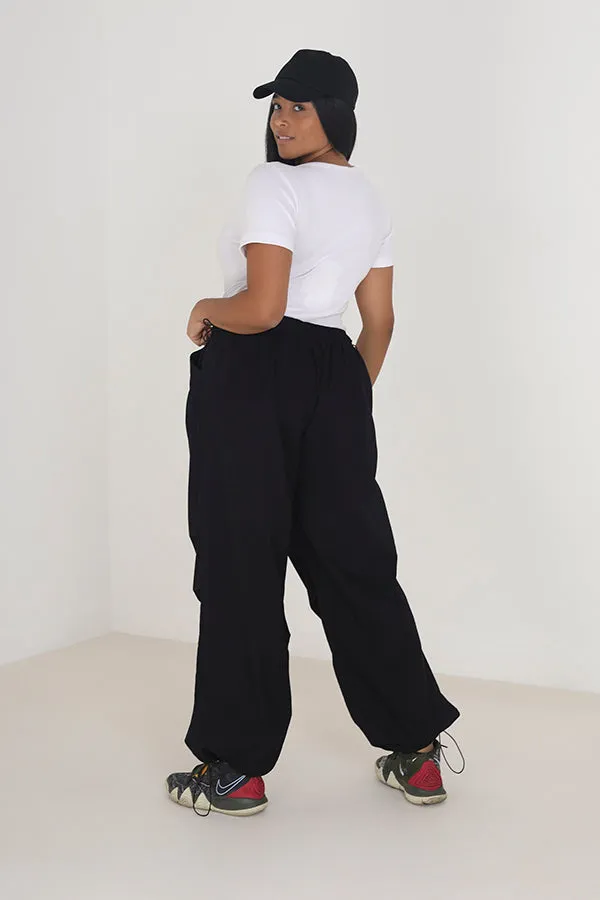 PLUS SIZE BLACK WIDE LEG UTILITY CARGO TROUSERS