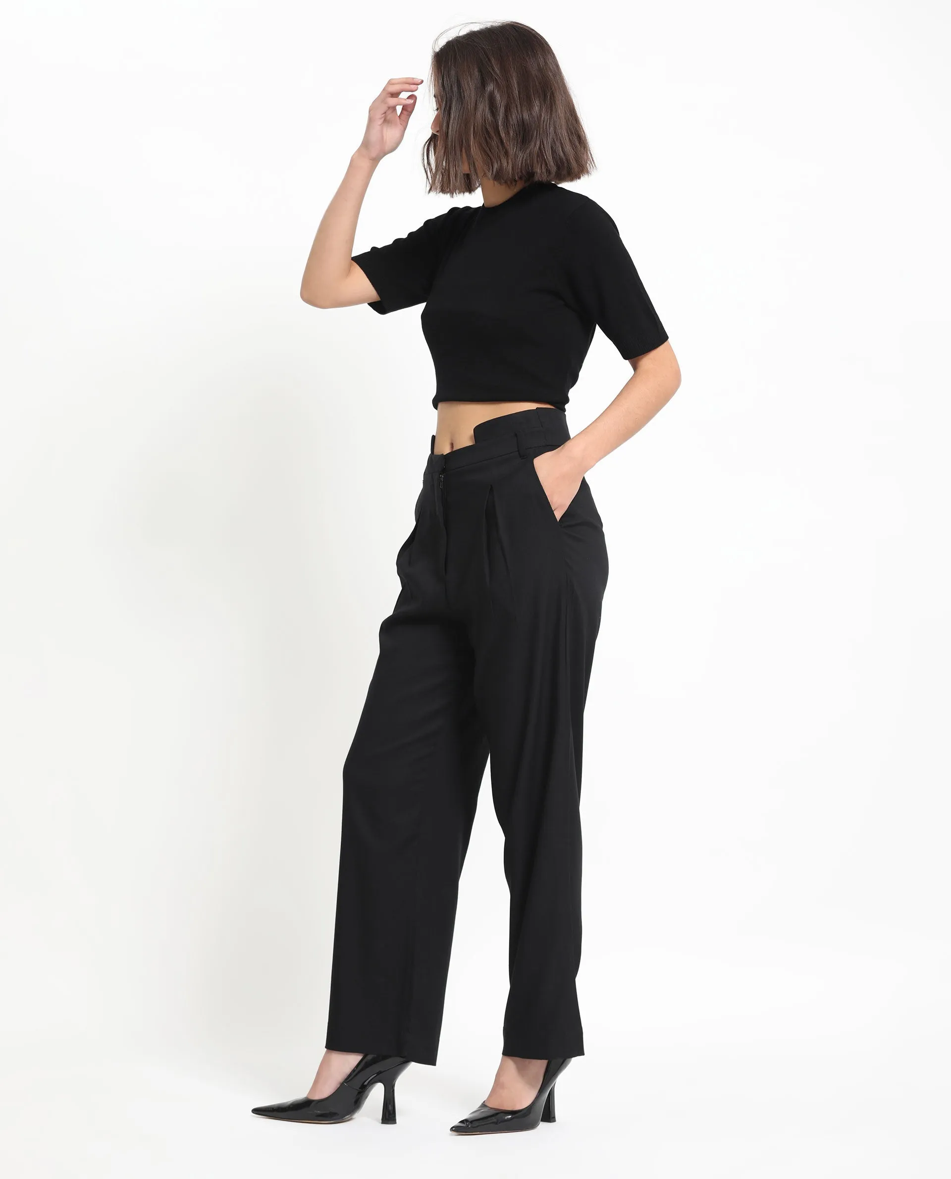 Rareism Women Atgan Black Polyester Fabric Zip Closure Tailored Fit Plain Ankle Length Trousers