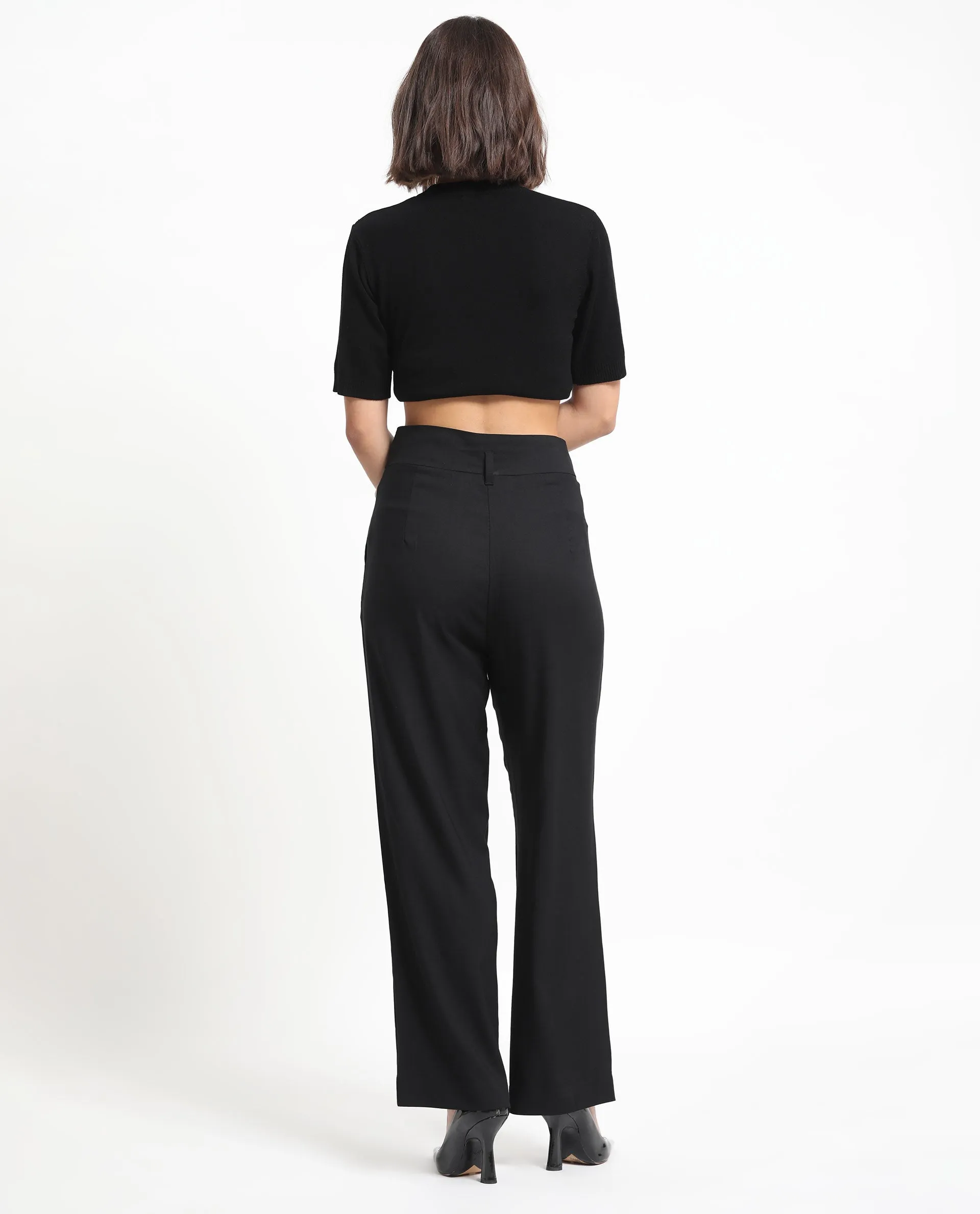 Rareism Women Atgan Black Polyester Fabric Zip Closure Tailored Fit Plain Ankle Length Trousers