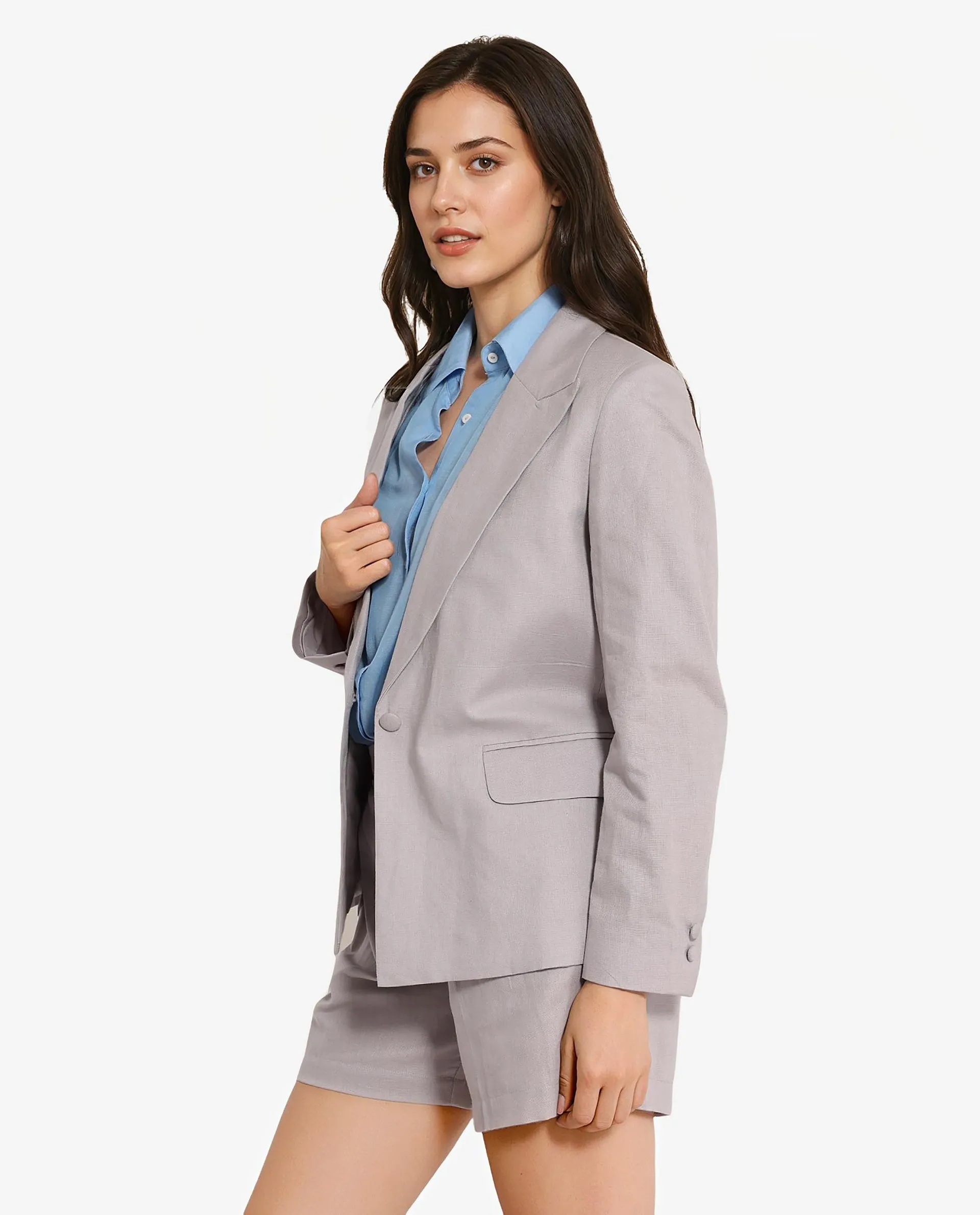 Rareism Women Laika Grey Full Sleeve Lapel Neck Button Plain Blazer