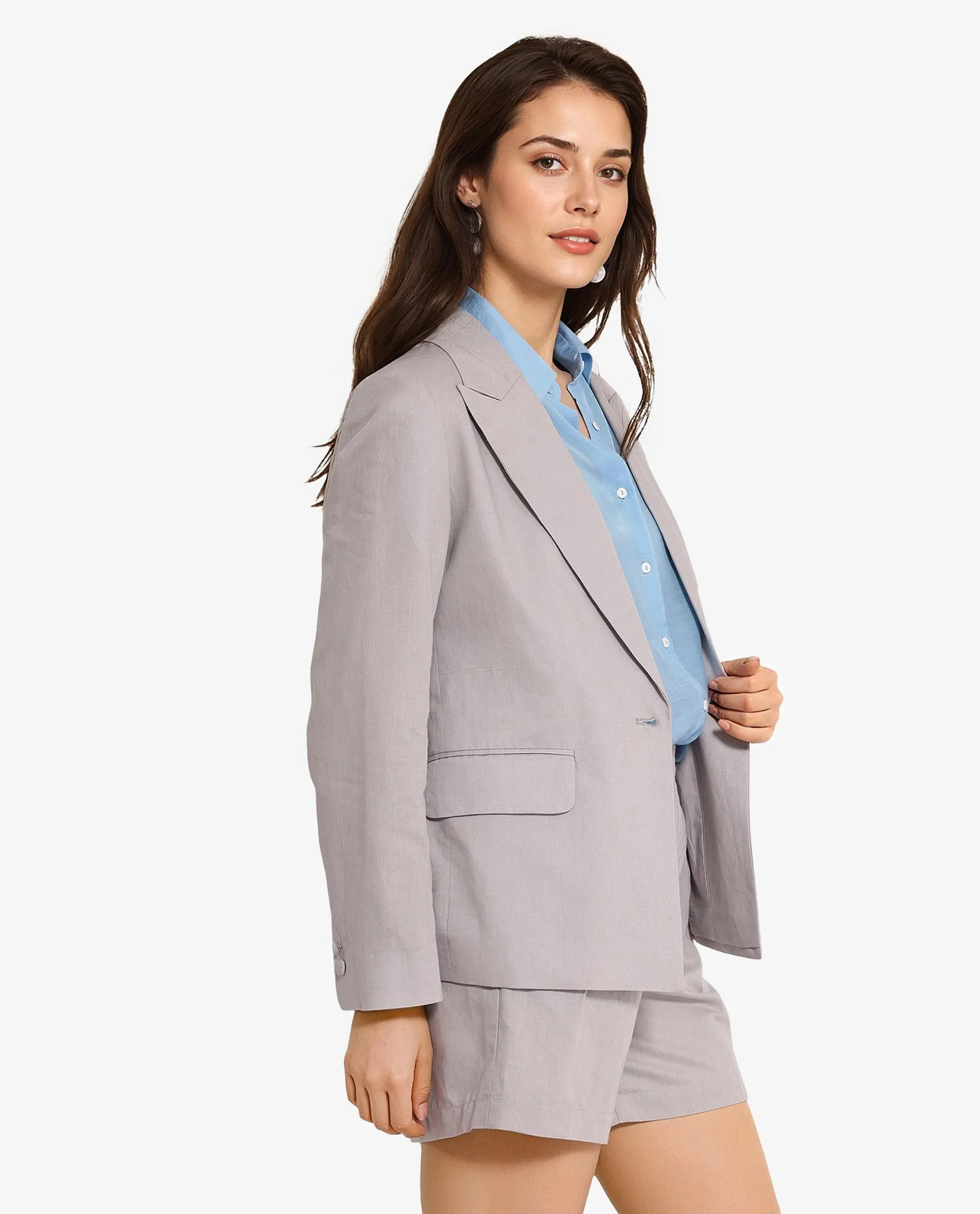 Rareism Women Laika Grey Full Sleeve Lapel Neck Button Plain Blazer