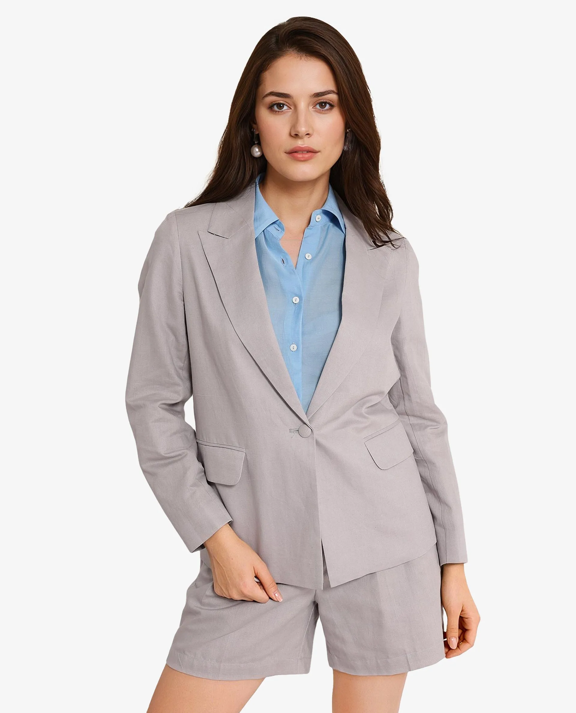 Rareism Women Laika Grey Full Sleeve Lapel Neck Button Plain Blazer