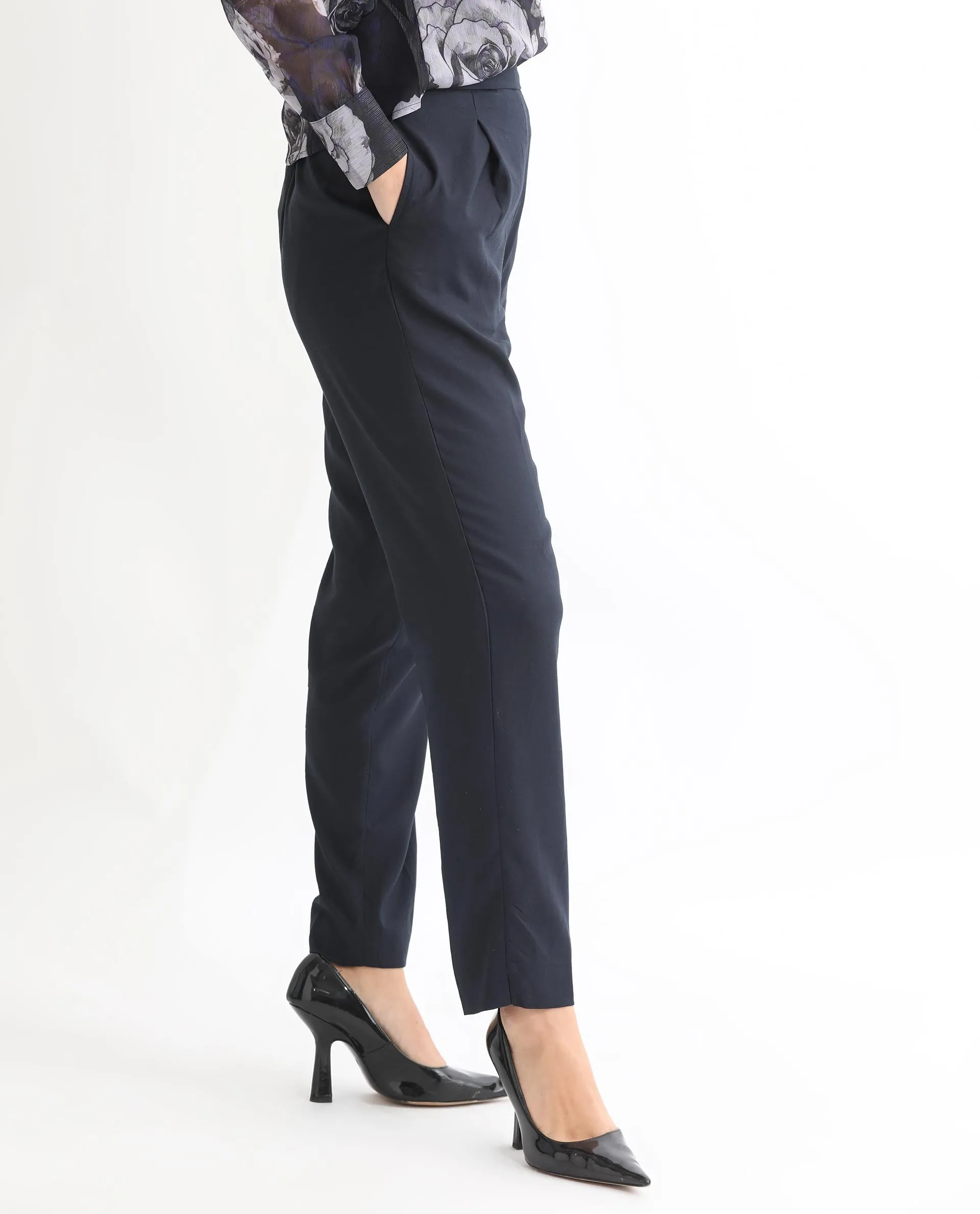 Rareism Women Rosalia Dark Navy Poly Viscose Fabric Drawstring Closure Relaxed Fit Plain Ankle Length Trousers