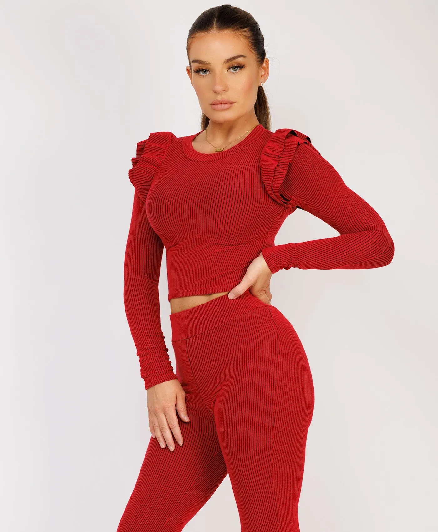 Red Ribbed Frill Shoulder Long Sleeve Top & Flared Trouser Set