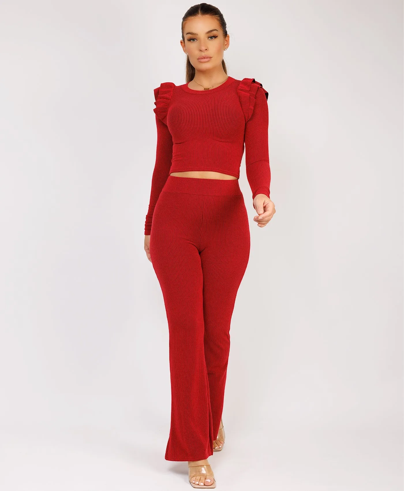 Red Ribbed Frill Shoulder Long Sleeve Top & Flared Trouser Set