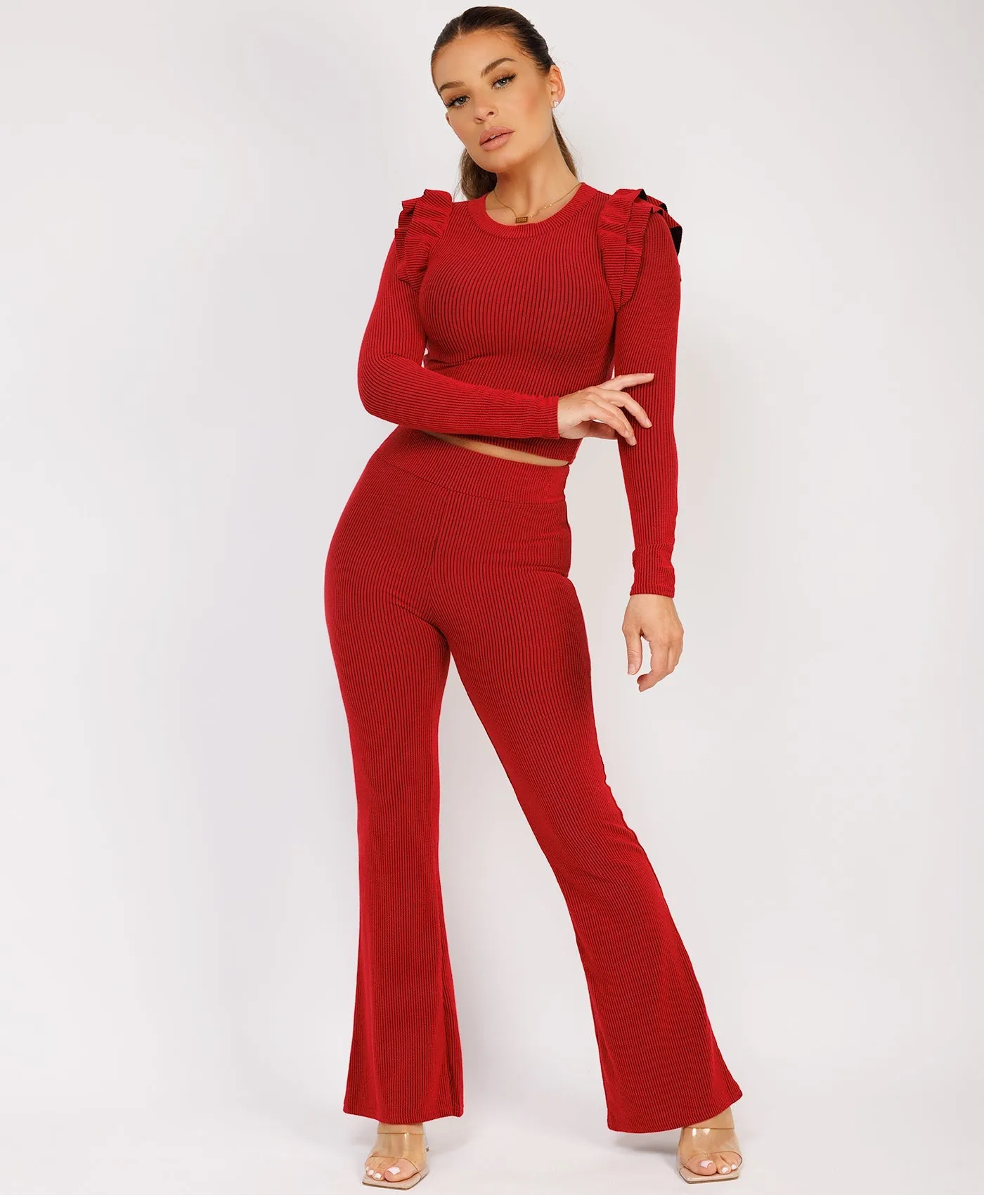 Red Ribbed Frill Shoulder Long Sleeve Top & Flared Trouser Set