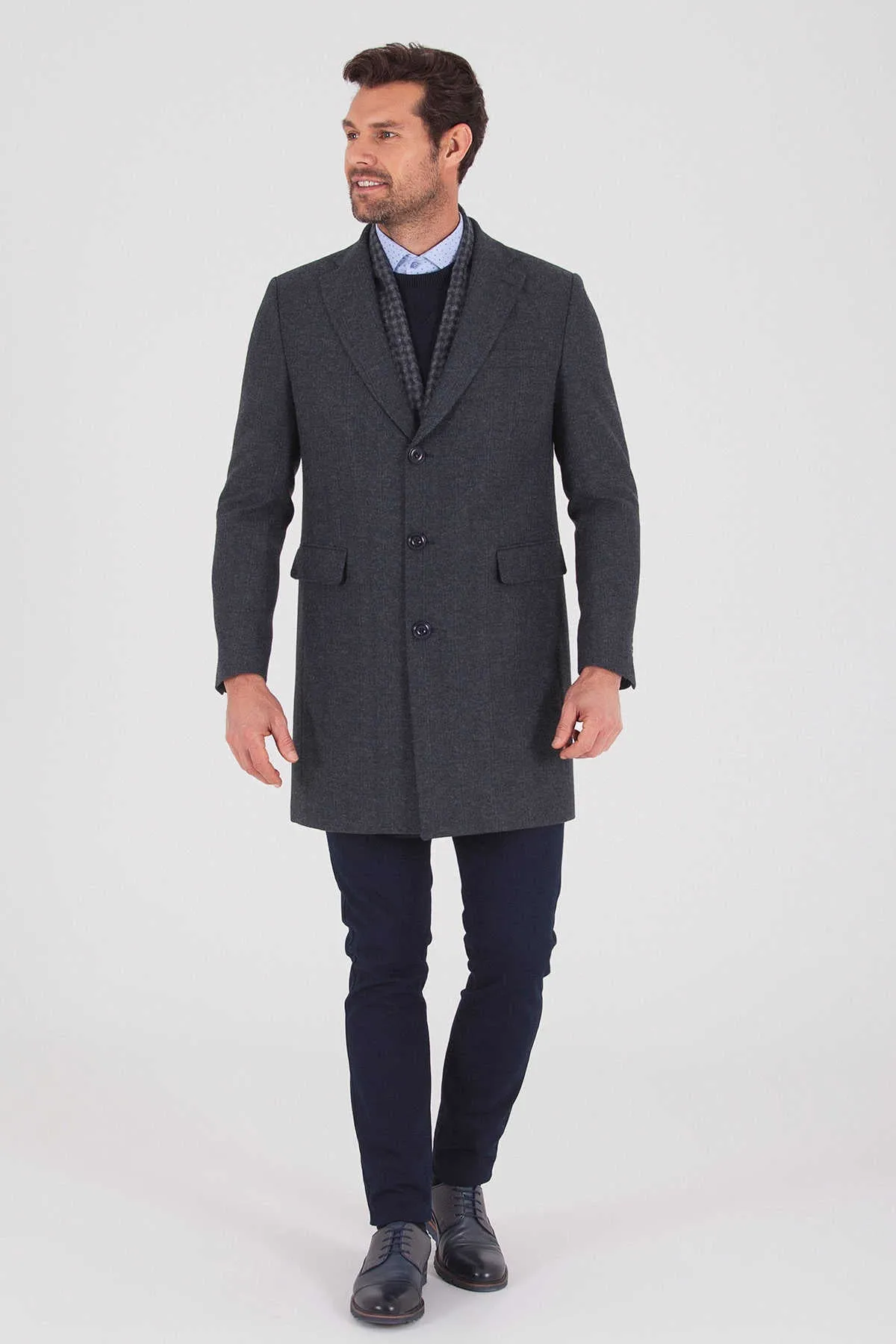 Regular Fit Cachet Fatih Notch Lapel Wool Blend Gray Overcoat, Navy K.