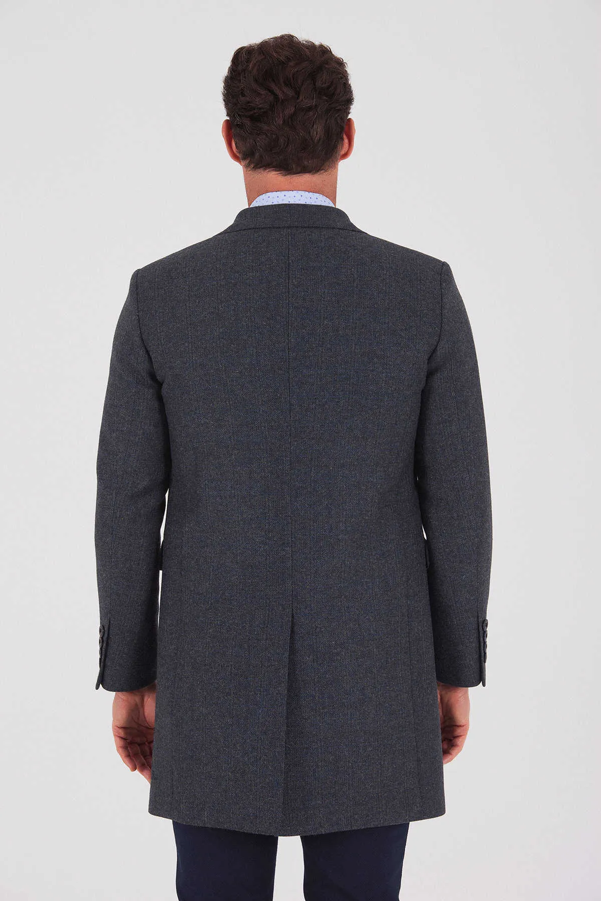 Regular Fit Cachet Fatih Notch Lapel Wool Blend Gray Overcoat, Navy K.