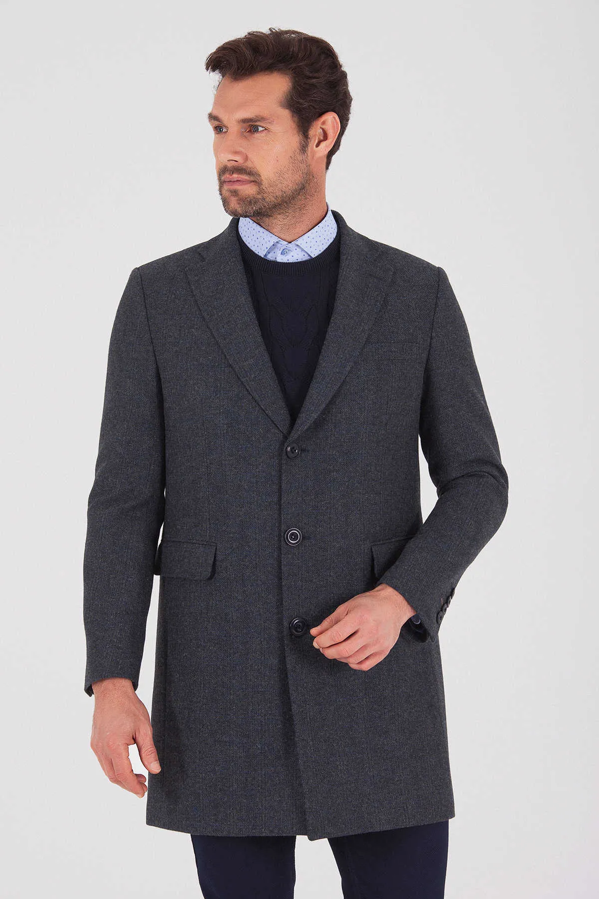 Regular Fit Cachet Fatih Notch Lapel Wool Blend Gray Overcoat, Navy K.