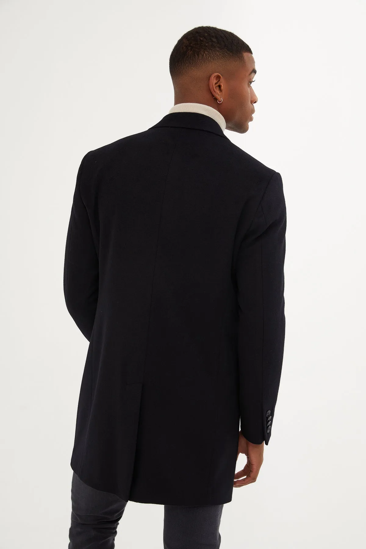 Regular Fit Peaked Lapel Wool Blend Navy Overcoat