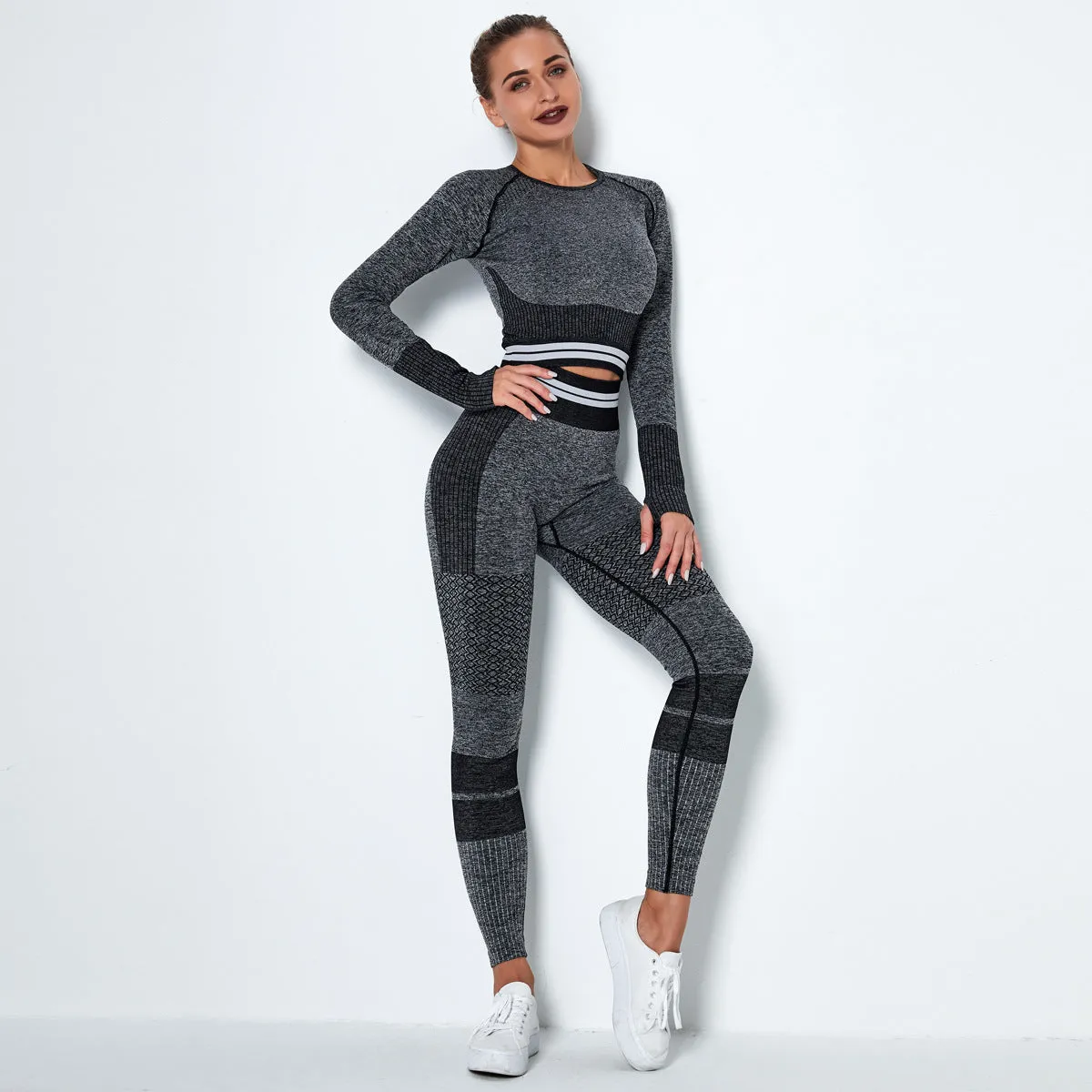 Seamless Knitted Quick-Drying T-shirt Sports Running Yoga Clothes Long-Sleeve Suit Striped Fitness Yoga Pants