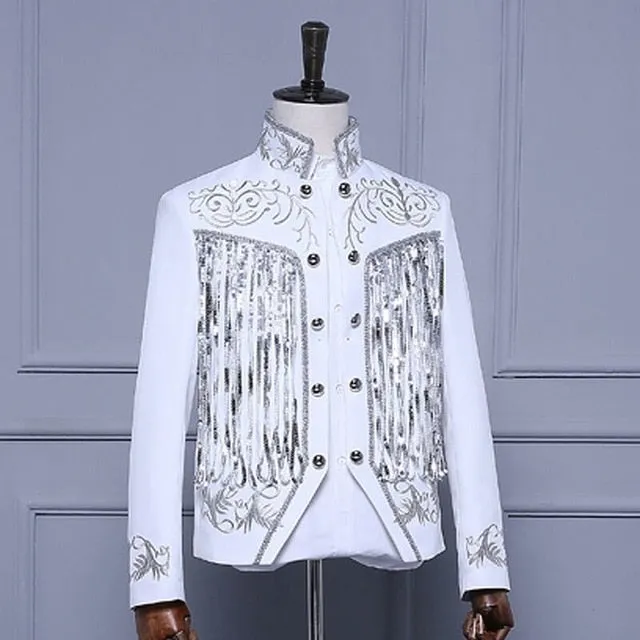 Shiny Twinkle Tassel Sequins with Embroidery Detail Men Stage Blazer