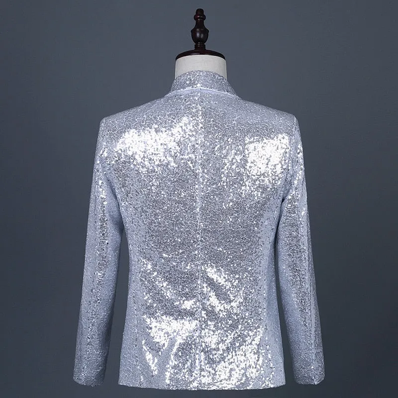 Silver Sequins Decorated Shawl Collar Blazer