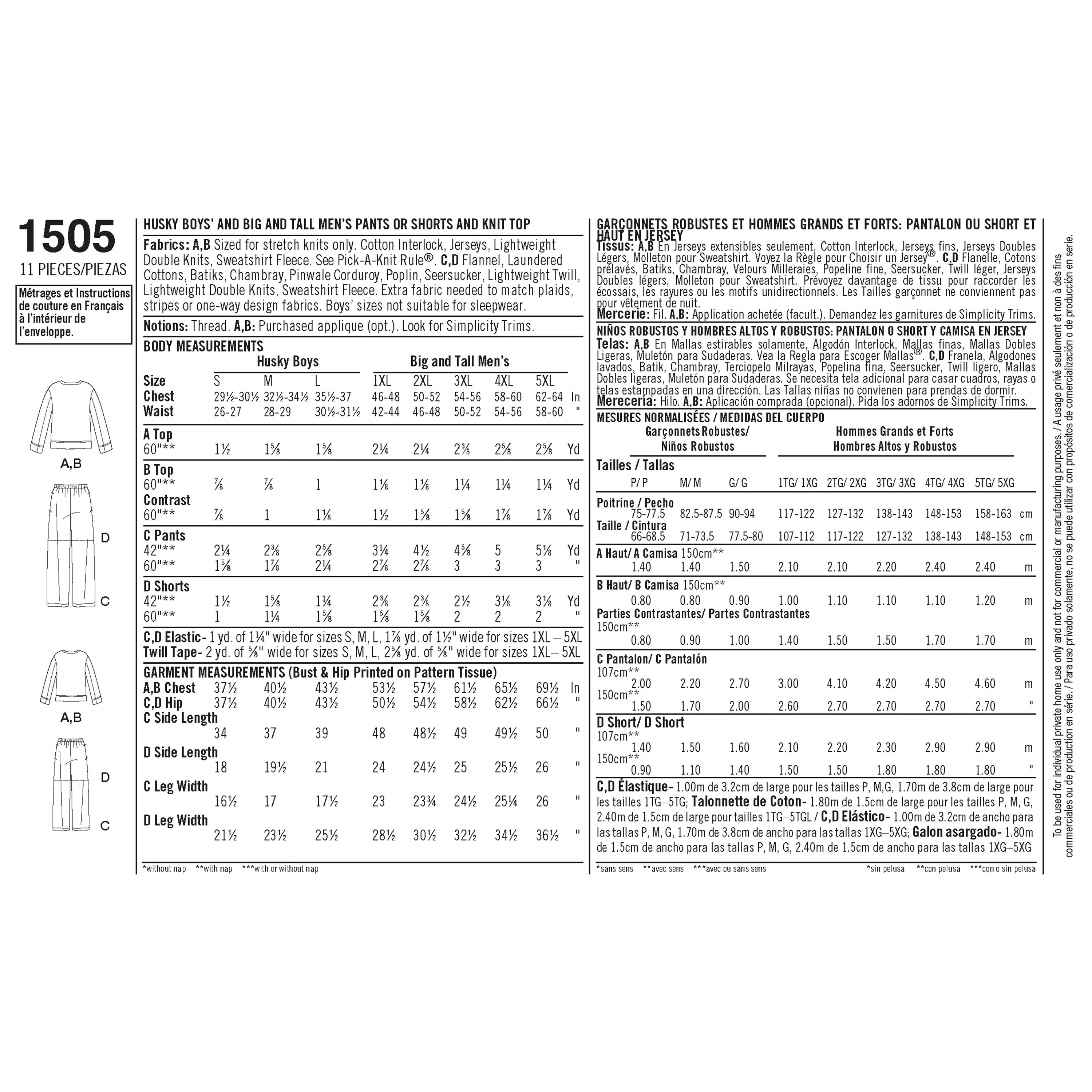 Simplicity Pattern 1505 Husky Boys' & Big & Tall Men's Tops and Trousers