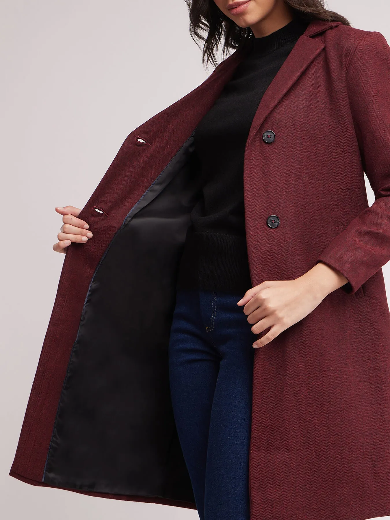 Single Breasted Woollen Overcoat - Maroon