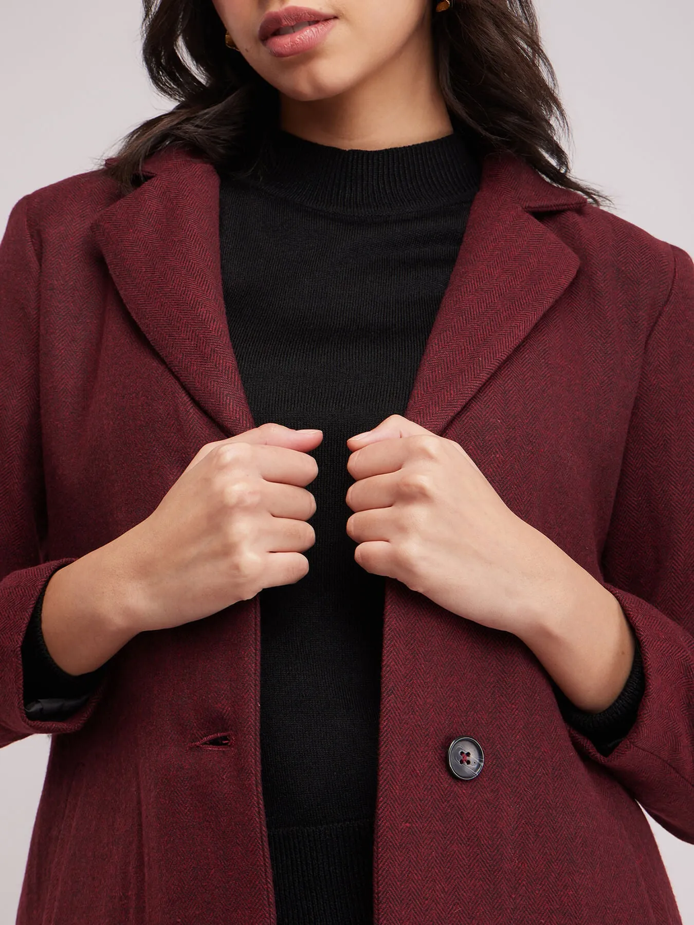 Single Breasted Woollen Overcoat - Maroon