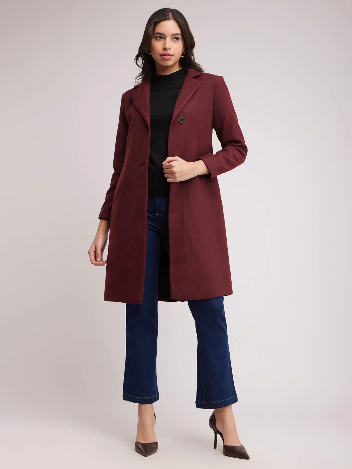 Single Breasted Woollen Overcoat - Maroon