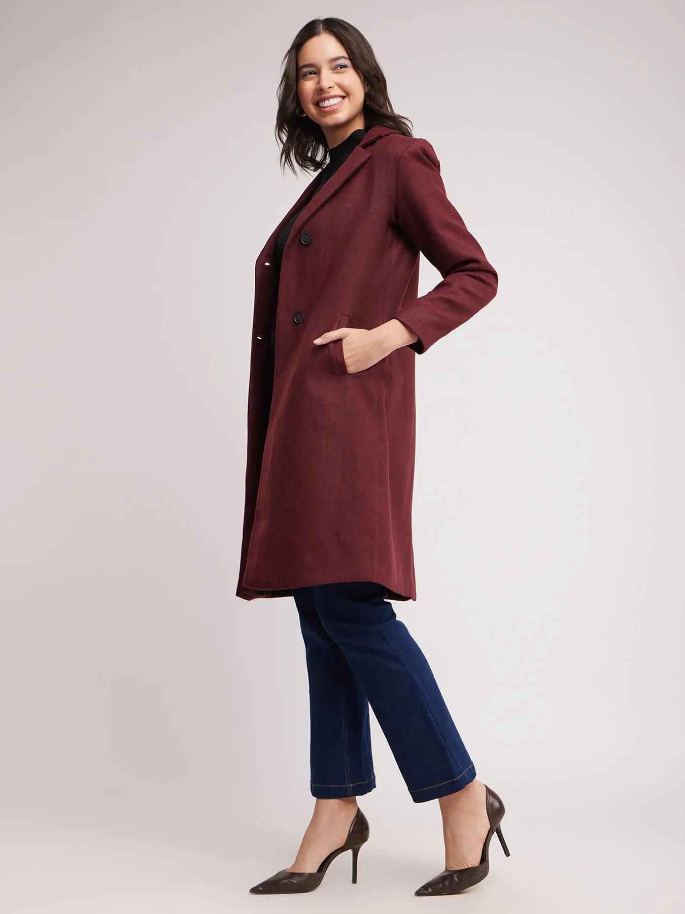 Single Breasted Woollen Overcoat - Maroon