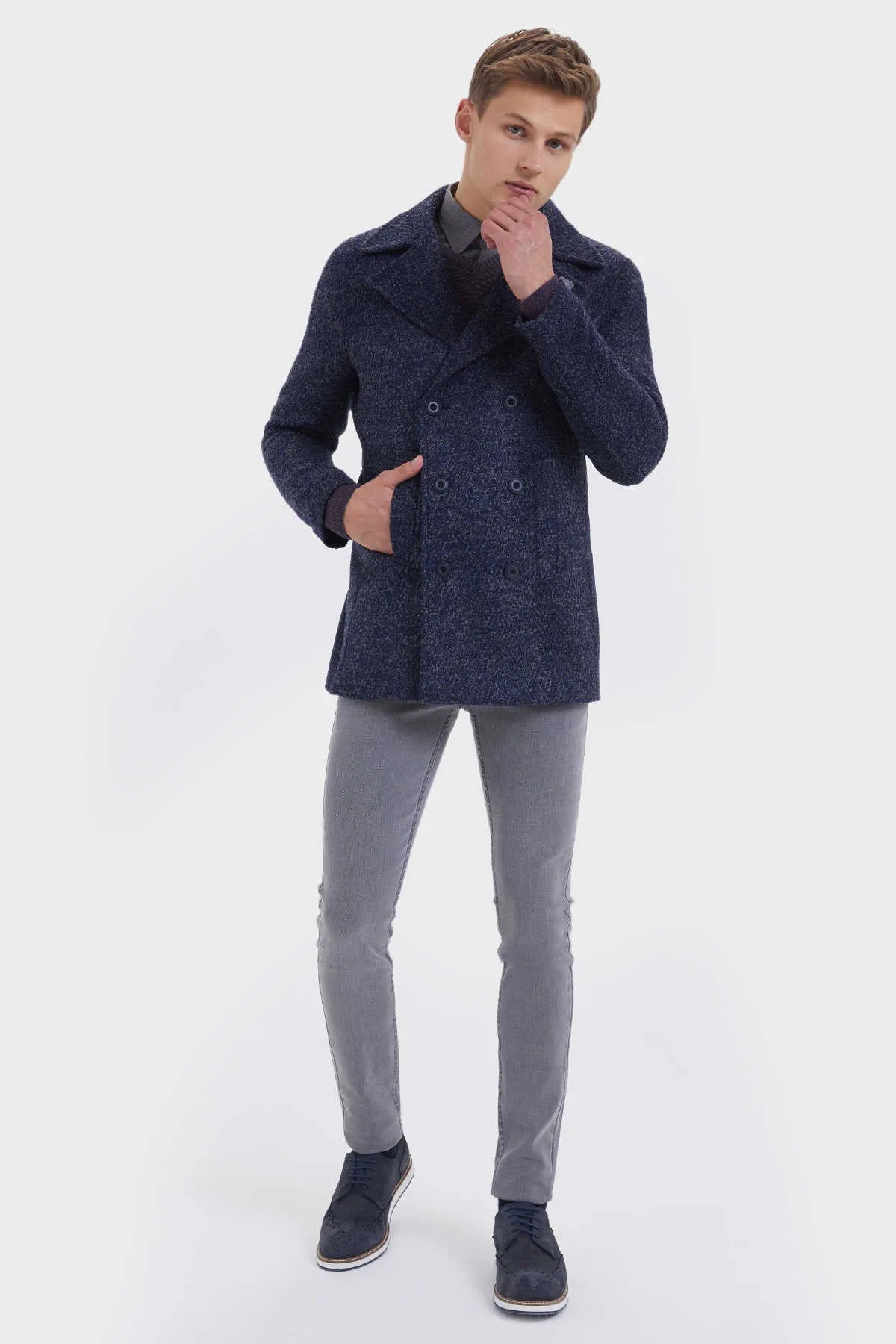 Slim Fit Cachet Double Breasted Navy D. Wool Blend Coat