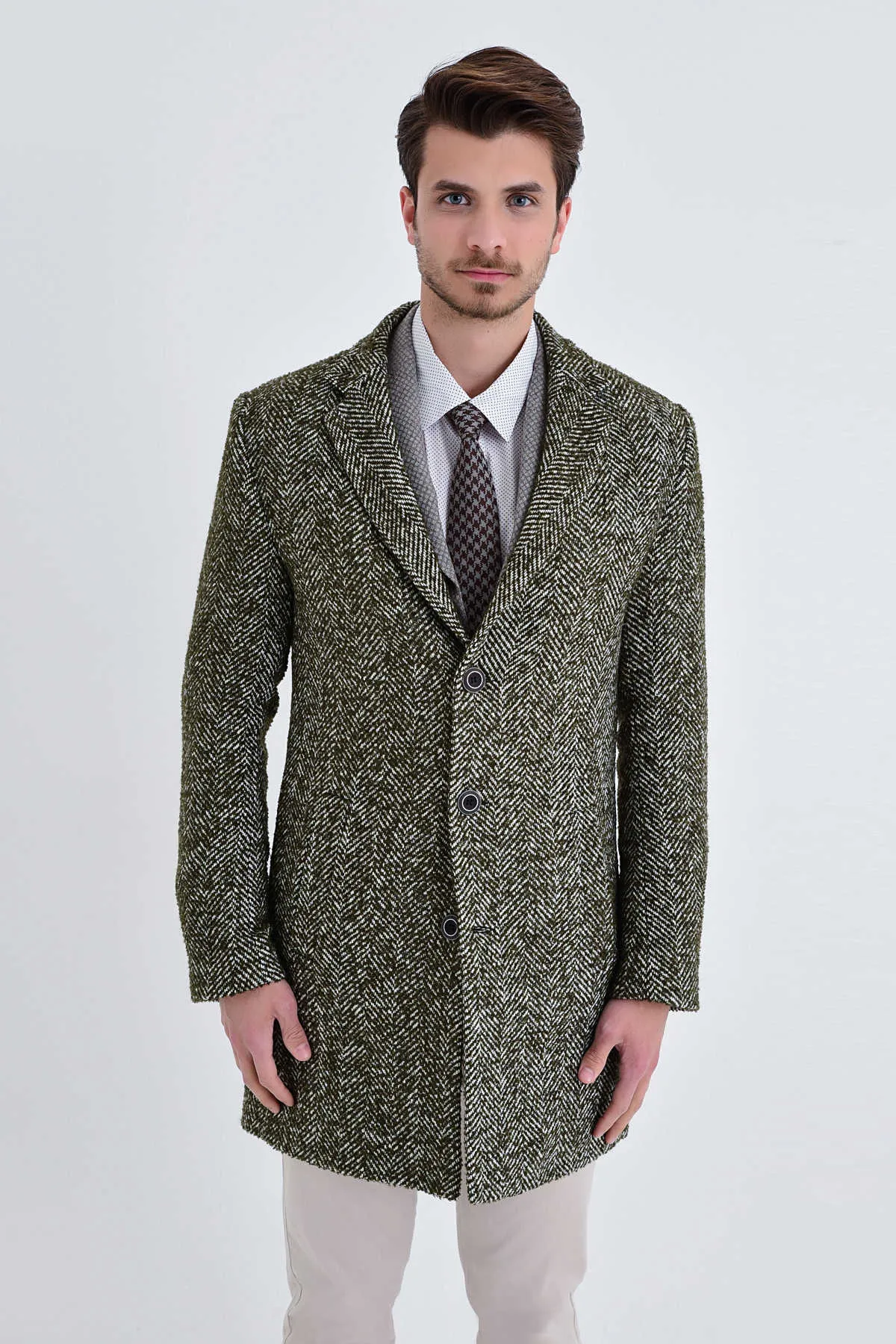 Slim Fit Cachet Notch Lapel Khaki Wool Blend Overcoat