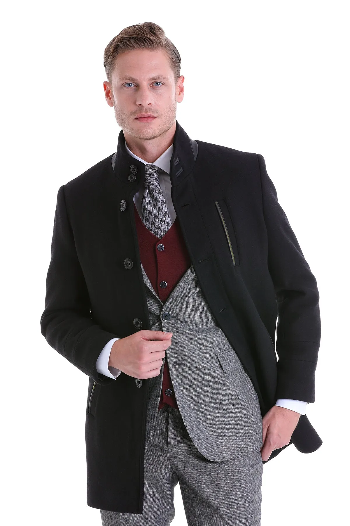 Slim Fit Funnel Stand Collar Black Wool Blend Overcoat