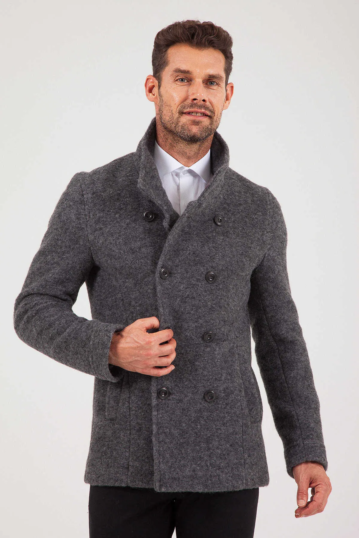 Slim Fit Notch Lapel Alpine Wool Gray Overcoat, Dark Gray