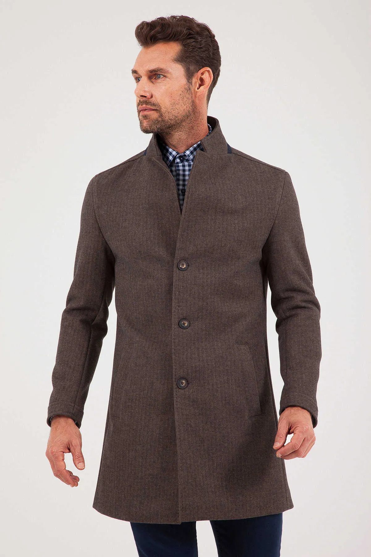 Slim Fit Notch Lapel Cotton Blend Brown Overcoat, Brown Herringbone